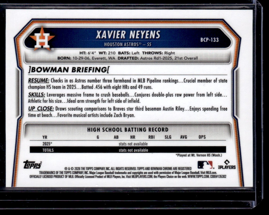 XAVIER NEYENS 2026 BOWMAN CHROME GOLD SHIMMER REFRACTOR 01/50 HOUSTON ASTROS view 2