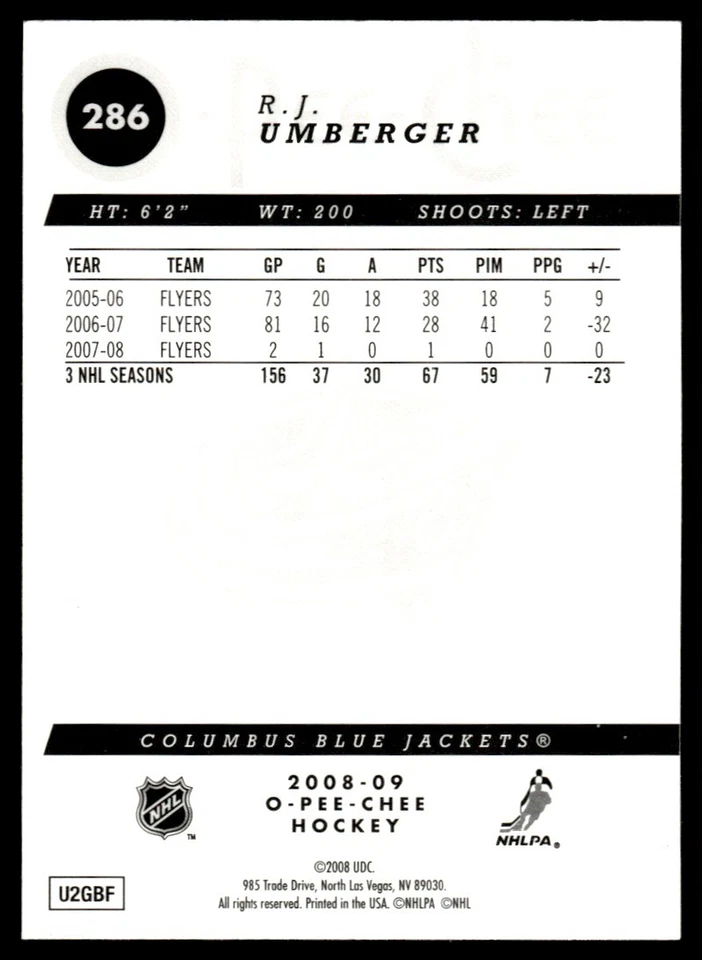 2008-09 O-Pee-Chee Gold R.J. Umberger Columbus Blue Jackets #286 - Image 2 of 2
