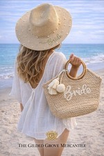 NWT Bride Jute Beach Tote Bag Pearl Sun Hat Set Bridal Honeymoon Boho Gift