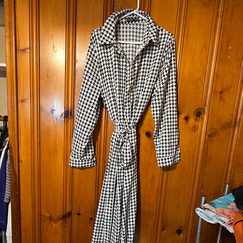SHEIN CURVE Black/White Houndstooth Collared Long Sleeve Long Shirt Dress 3XL
