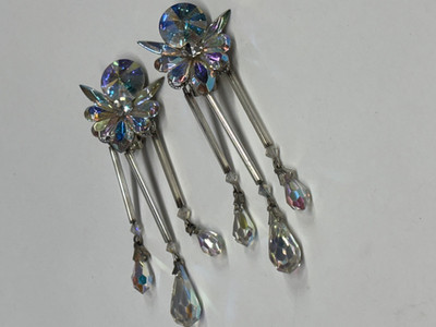Austrian Crystal Earrings Clip-On Swarovski Cluster Long Dangle 3.5  Vintage