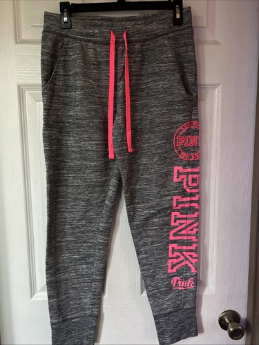Victoria Secret Pink Gray/White Joggers Sweats -W-Side Pink Logo Size Medium