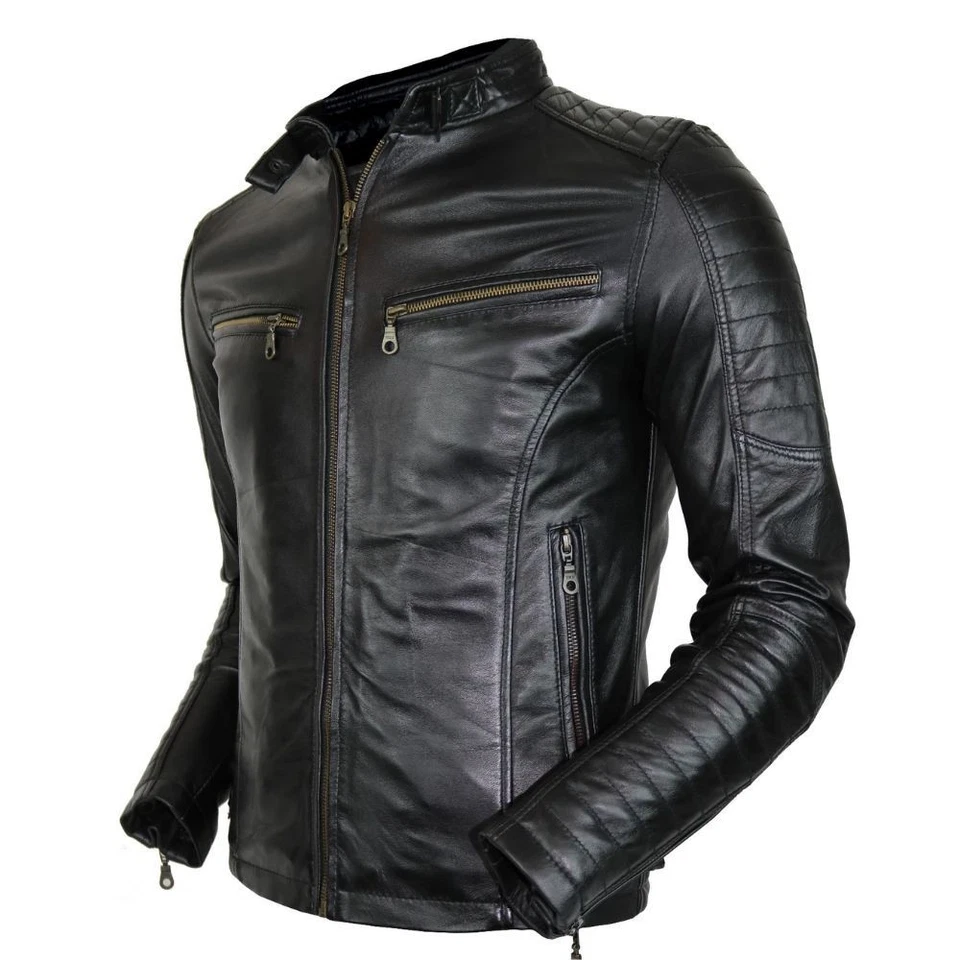 Herren Bikerjacke aus echtem Leder gesteppte Schultern Vintage Style, Steppjacke - Bild 4 von 4