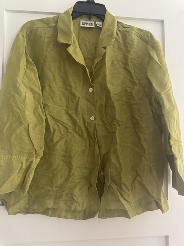 Chicos Women’s Blouse linen/silk blend Long Sleeves buttons sz 2 gauzy Green