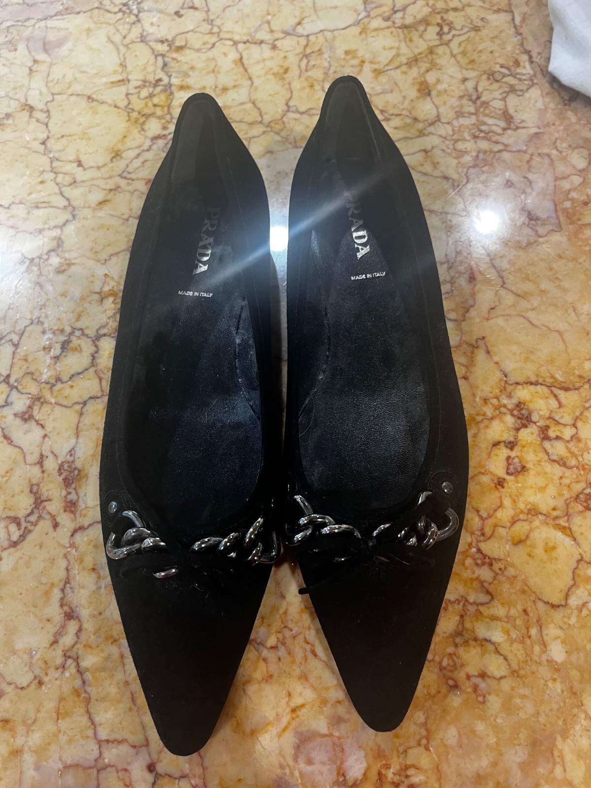 New Prada suede flats with chain and bow detail size 39