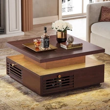 Coffee Table with LED Light and Charging Station, 4 Storage Drawers with Grille