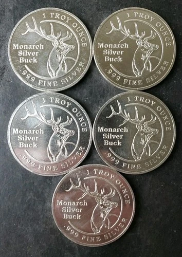 Lot of Five Monarch Precious Metals 1oz Silver Buck Rounds