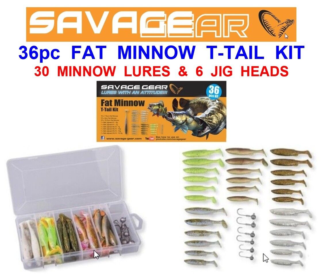 SAVAGE GEAR 36pc FAT MINNOW T-TAIL KIT SEA COARSE FISHING JIG HEAD SHADS LURES SAVAGE GEAR 36pc FAT MINNOW T-TAIL KIT SEA COARSE FISHING JIG HEAD SHADS LURES