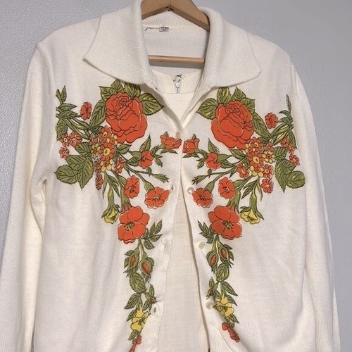 Ensemble pull robe vintage Edith drapeau blanc années 70 orange fleurs rétro - Photo 2 sur 15