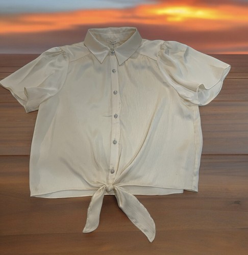 Pleione Women's Off White Tie Front W/ Rhinestone Bottoms Blouse ~ Size X-Large