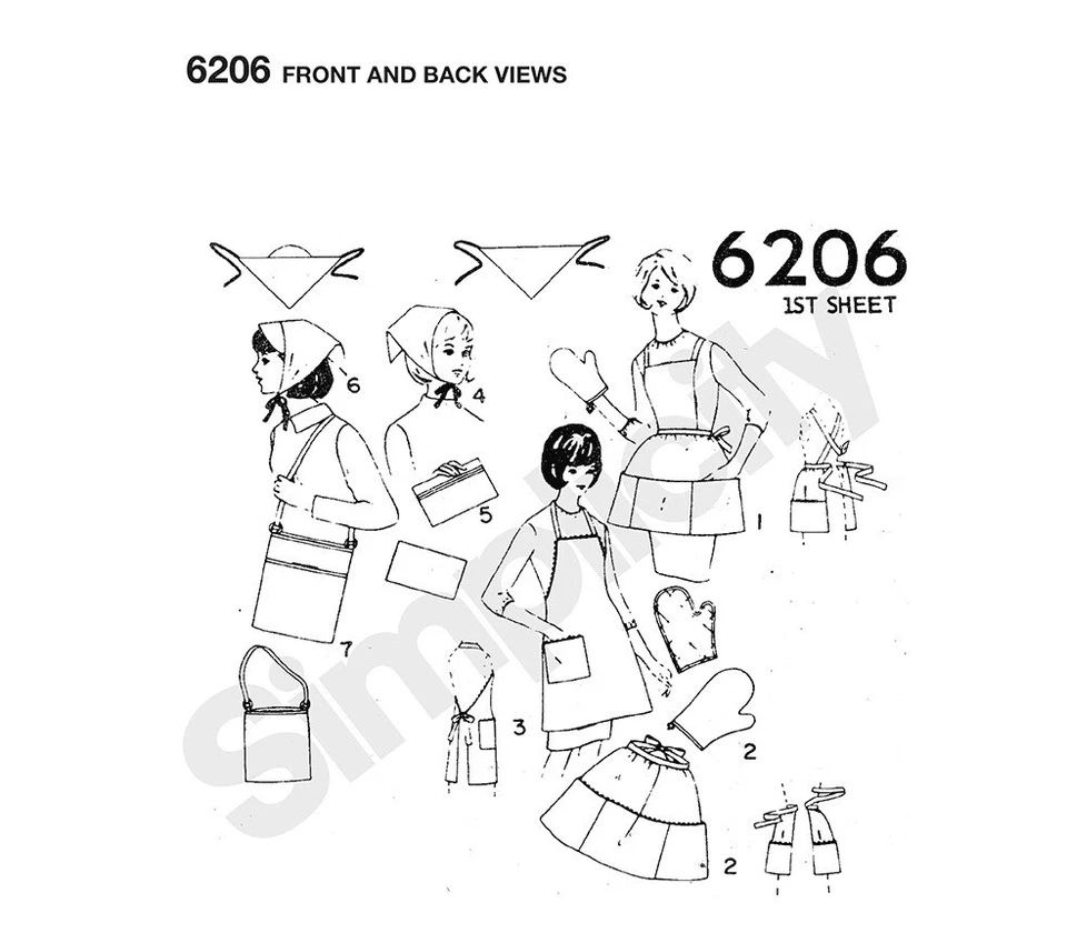 Simplicity 6206 EASY Apron Scarf Bandana Smock Oven Mitt Bag Purse Pattern - Image 3 of 4