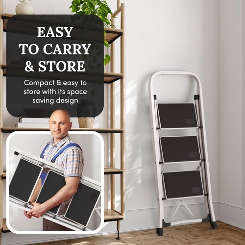 Steel Folding 3-Step Stool Ladder Adults With Soft-Grip Handle 330 Lbs White - Picture 6 of 6