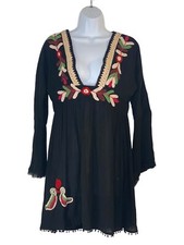 RAGA Womens Bohemian Floral Embroidery Black Dress Flare Sleeve Size Small
