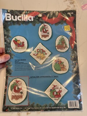 Bucilla Tis The Season Set of 6 Quilted Stamped Cross Stitch Ornaments Kit
