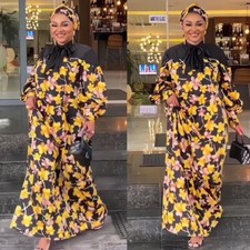 African Dashiki Women Loose Kaftan Dubai Abaya Floral Maxi Dress With Scarf Robe