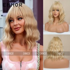 Short Wave Golden Blonde Synthetic Wigs with Bangs for Women Heat Resistant