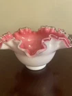 Beautiful Fenton Pink Crest Milk Glass Bowl Ruffled Edging Great Condition 7”Wx4