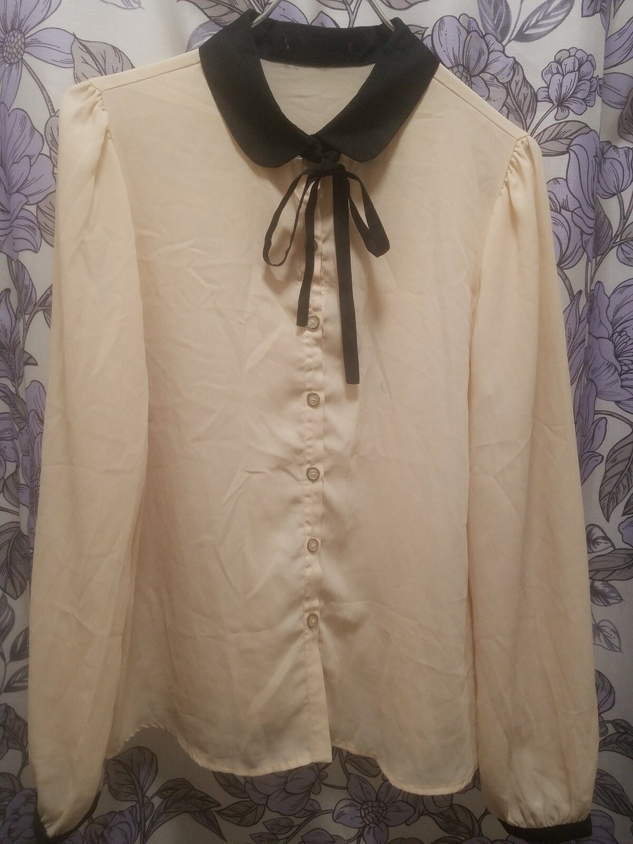 Forever 21 Women Large Cream Black Long Sleeve Button Down Tie Collared  Blouse
