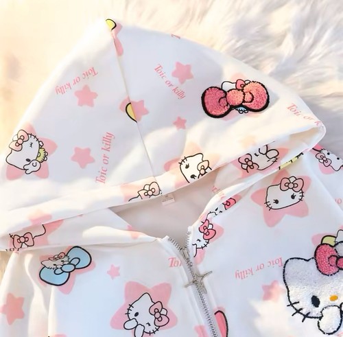 Hello Kitty White Hoodie Loose Jacket Zip Up Hoodie Sweatshirt Size S