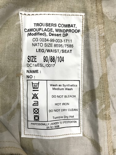 NUEVO Ejército Británico *RARO* Pantalón de Combate a Prueba de Viento (Modificado) Desierto DP #3732 - Imagen 6 de 9