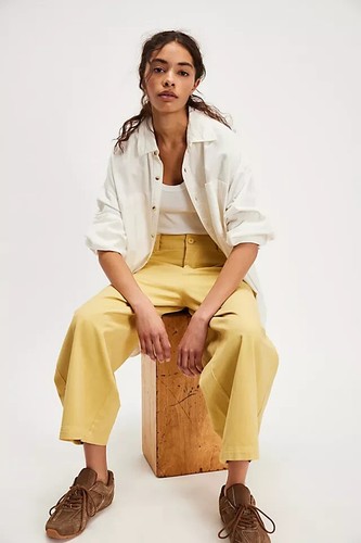Free People We The Free Laydown Chino Pants Button Butter Yellow Cropped M 10