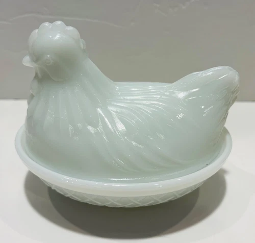 Vintage Milk White Chicken Hen On Dish Covered Candy Dish 4 1/2" long