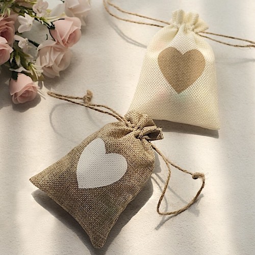 20 Natural Ivory Faux Burlap FAVOR BAGS Heart Design Party Events Decorations - Picture 5 of 9