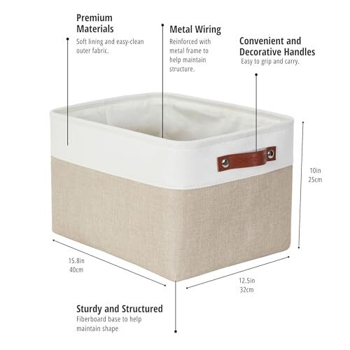 Storage Bins | Fabric Storage Baskets Large/3P - 15"x11"x9.5" Beige and White - Imagen 3 de 7