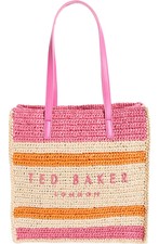 Ted Baker Women Skye Raffia Tote Bag Leather Handle Embroidered Logo Fushia Os