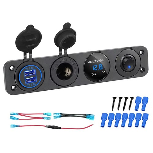 Chargeur 4 Gangs 1 Panneau Double Prise USB LED Voltmètre + Prise 12V Voiture Bateau - Photo 4 sur 20