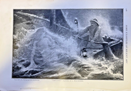 1901 Vintage Magazine Illustration Temptation Sailor & Mermaid At Sea Wertheimer - Picture 2 of 3