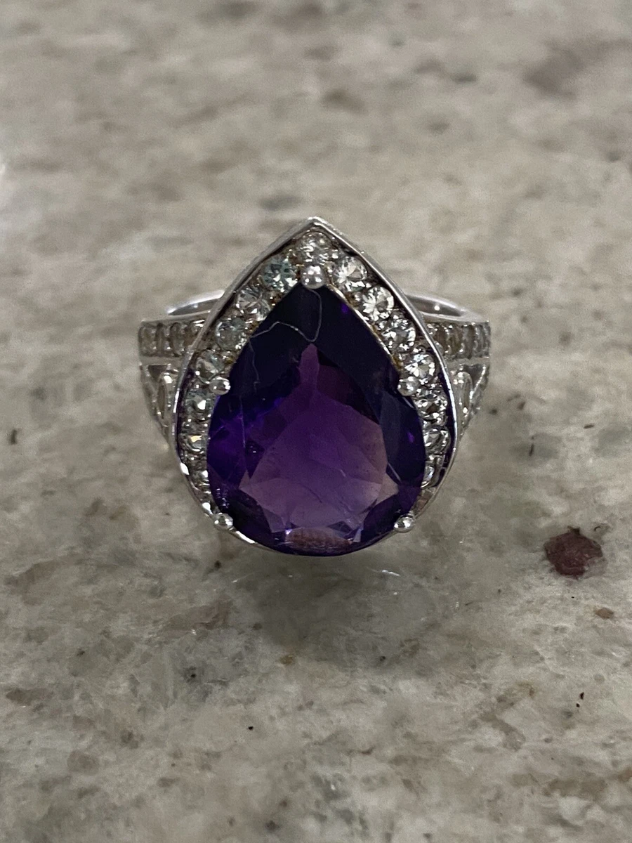 Sterling Silver 925 Purple Amethyst Stone And Cz Ring Size 8.25