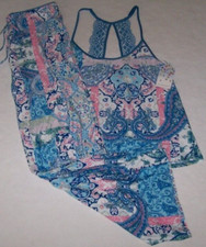 NWT In Bloom by Jonquil BLUE/PINK/WHITE TILE Slinky Knit Pajama Set L LACE Trim