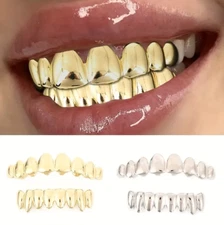 14K Gold or 925 Silver Plated 8 Top 8 Bottom Teeth Grillz Set + Mold at Home