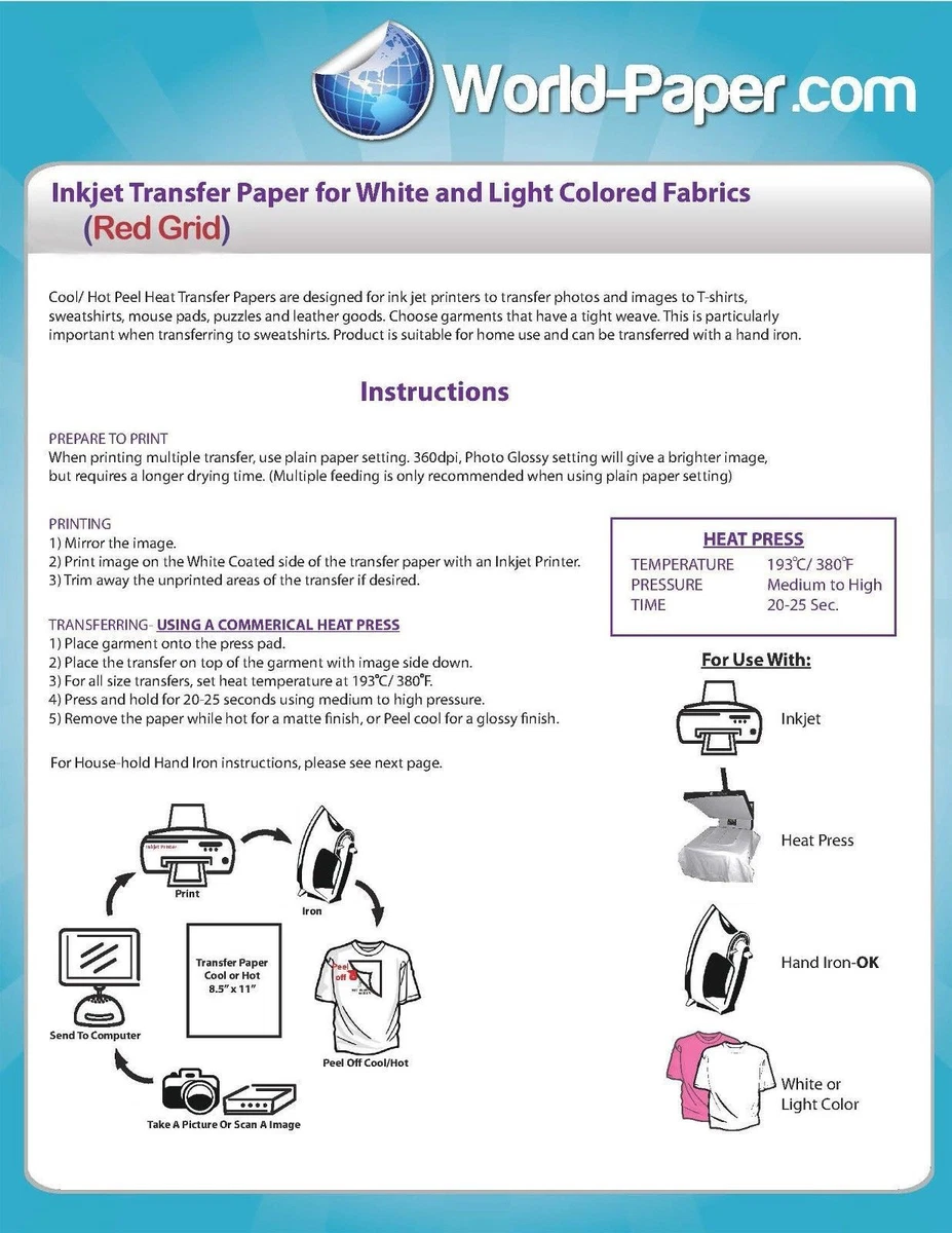 Heat Transfer Paper 11x17 for Inkjet Printer Iron on Light Fabrics 100  Sheets RG | eBay