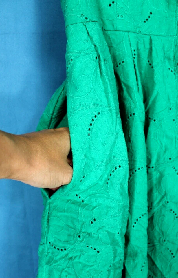 LONDON TIMES 绿色眼镜花边刺绣开襟纽扣修身喇叭连衣裙 12 — 第 3/4 张图片