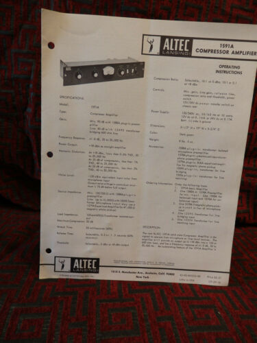 Original Altec Modell 1591A Kompressor Amp Verstärker Bedienungsanleitung Handbuch