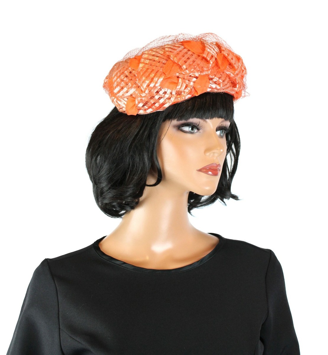 60s Pillbox Hat Sz L Vintage Orange Chiffon Peach Shiny 