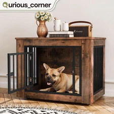 35" Dog Crate Furniture Heavy Duty Wooden TV Stand Pet Kennel w/ Iron Cage