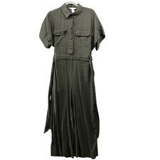 H M Wide Leg Utility Jumpsuit Womens 6 Army Green Tie Waist Short Sleeve