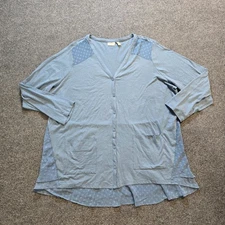Logo Lori Goldstein Top Women Size 2X Blue Button Sheer Trim Long Sleeve Casual