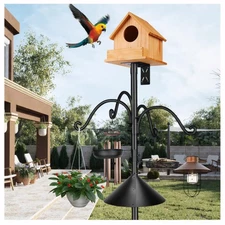 92 Inch Metal Bird Feeder Pole with Squirrel-Proof Baffle 4 Hooks & 2 Feeding T