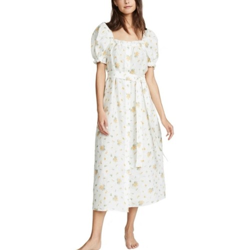 Sleeper Brigitte Linen White Yellow Floral Midi Dress XS NEW Mimosa Puff Sleeve - Picture 7 of 7