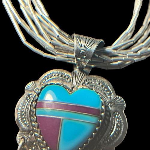 Sterling Southwest Q.T. Liquid Silver Inlaid Multi Stone Heart Necklace - Picture 3 of 11