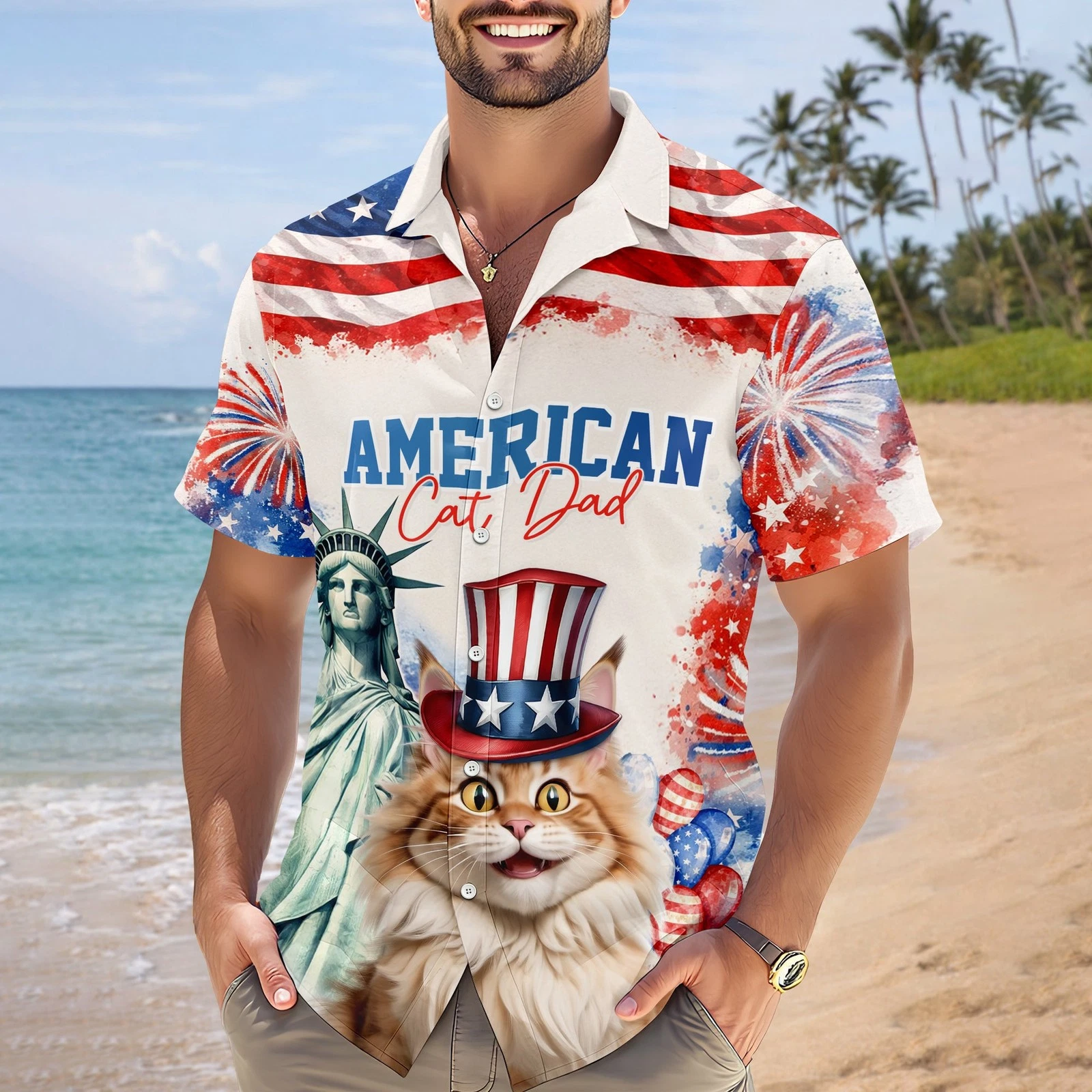 Personalized America Cat Dad Dog Dad Hawaii Shirt