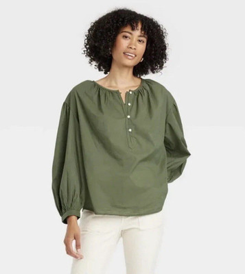 Universal Thread Shirt Blouse Women's Small Olive Green Puffy Sleeves Boho NEW
