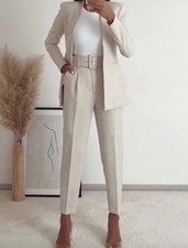ZARA WOMEN FABRIC-COVERED BELTED PANTS S,M ECRU WHITE 4387/430 4387/140