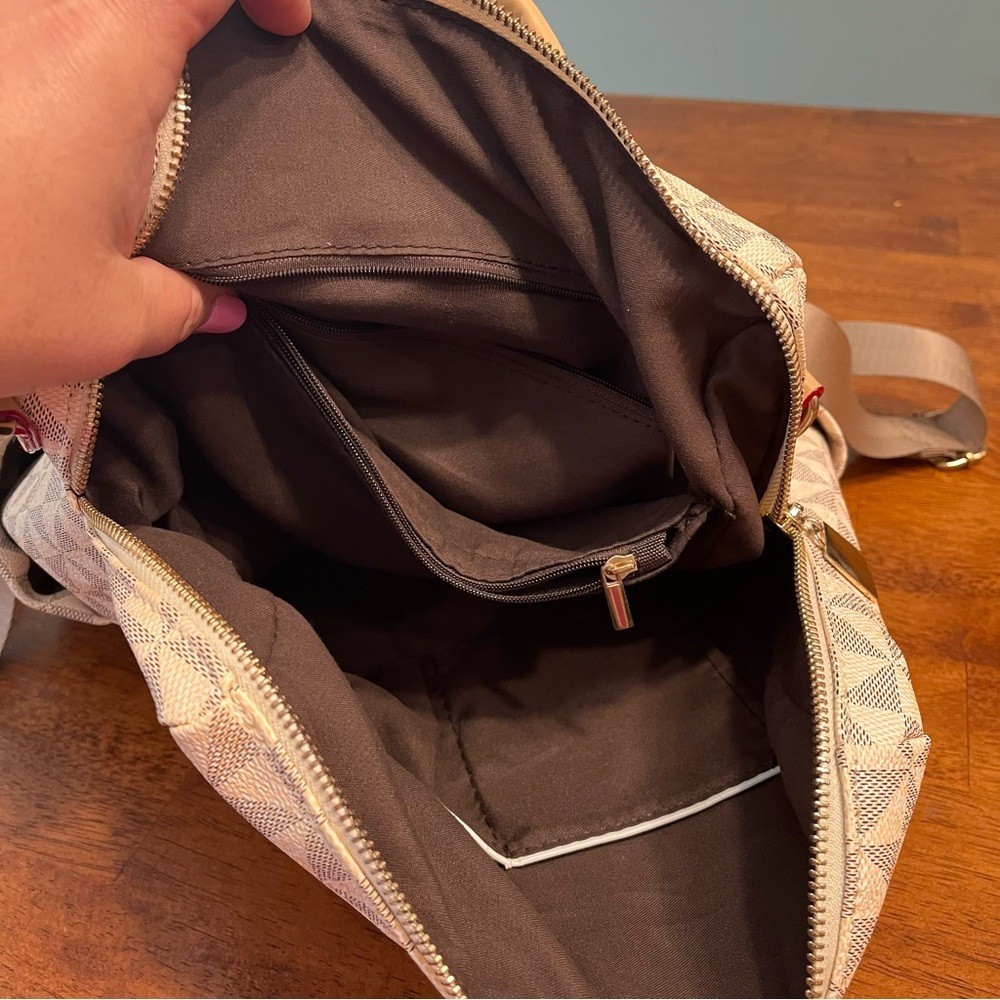 Cream Gray Geometric Patterned Backpack purse - image 8