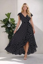 Black White Polka Dot Maxi Dress Womens M Hi Low V Neck Flutter Sleeve NWT Grece