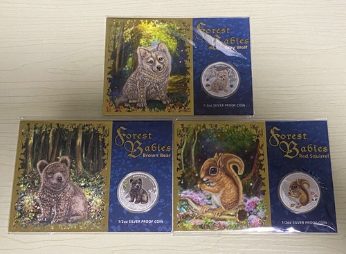 Tuvalu 2013 50 Cents 1/2 Oz Silver Proof Forest Babies Wolf Bear Squirrel *3 Set